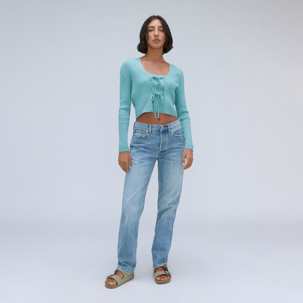 The Cotton-Merino Front-Tie Top in Deep Turquoise — detail view