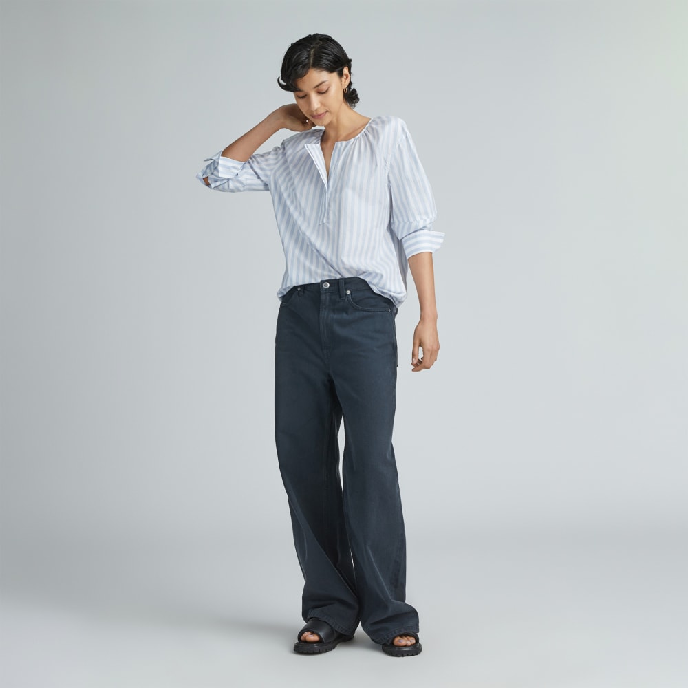The Silky Cotton Balloon Sleeve Top in Periwinkle / White — detail view