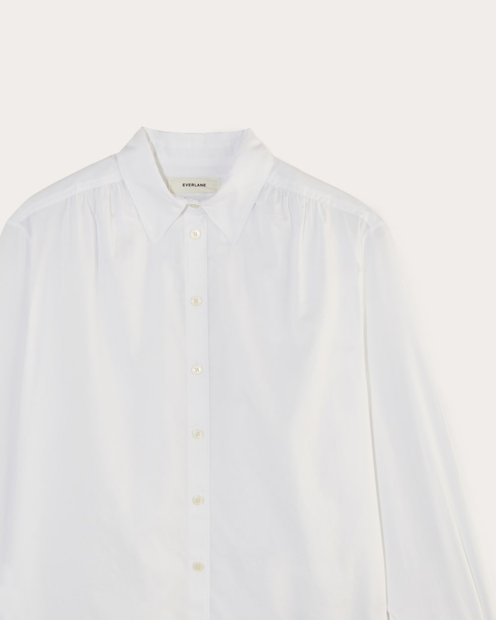 The Gathered Shirt in Silky Cotton in White — detail view