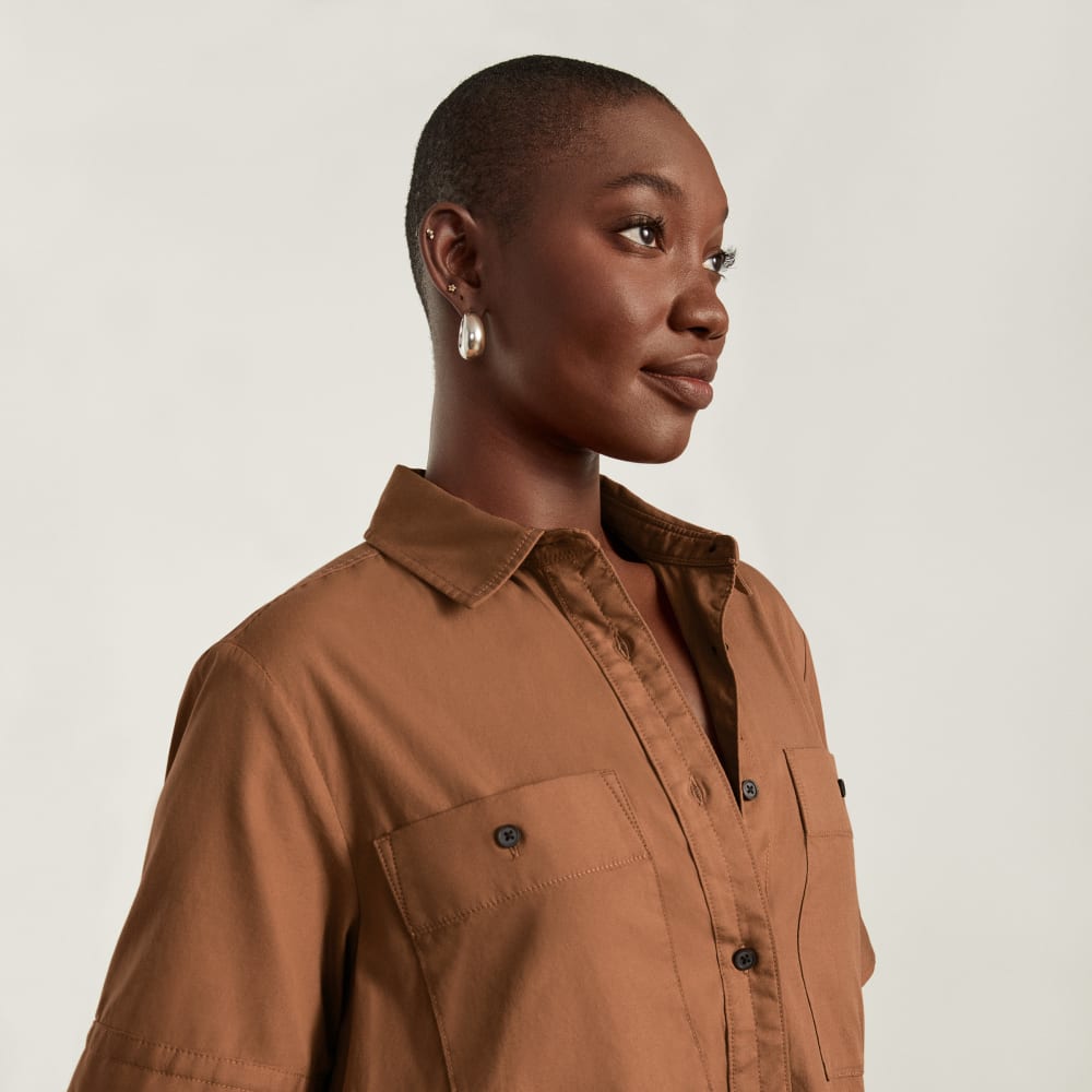 The Daytripper Dress in Tawny Brown — detail view
