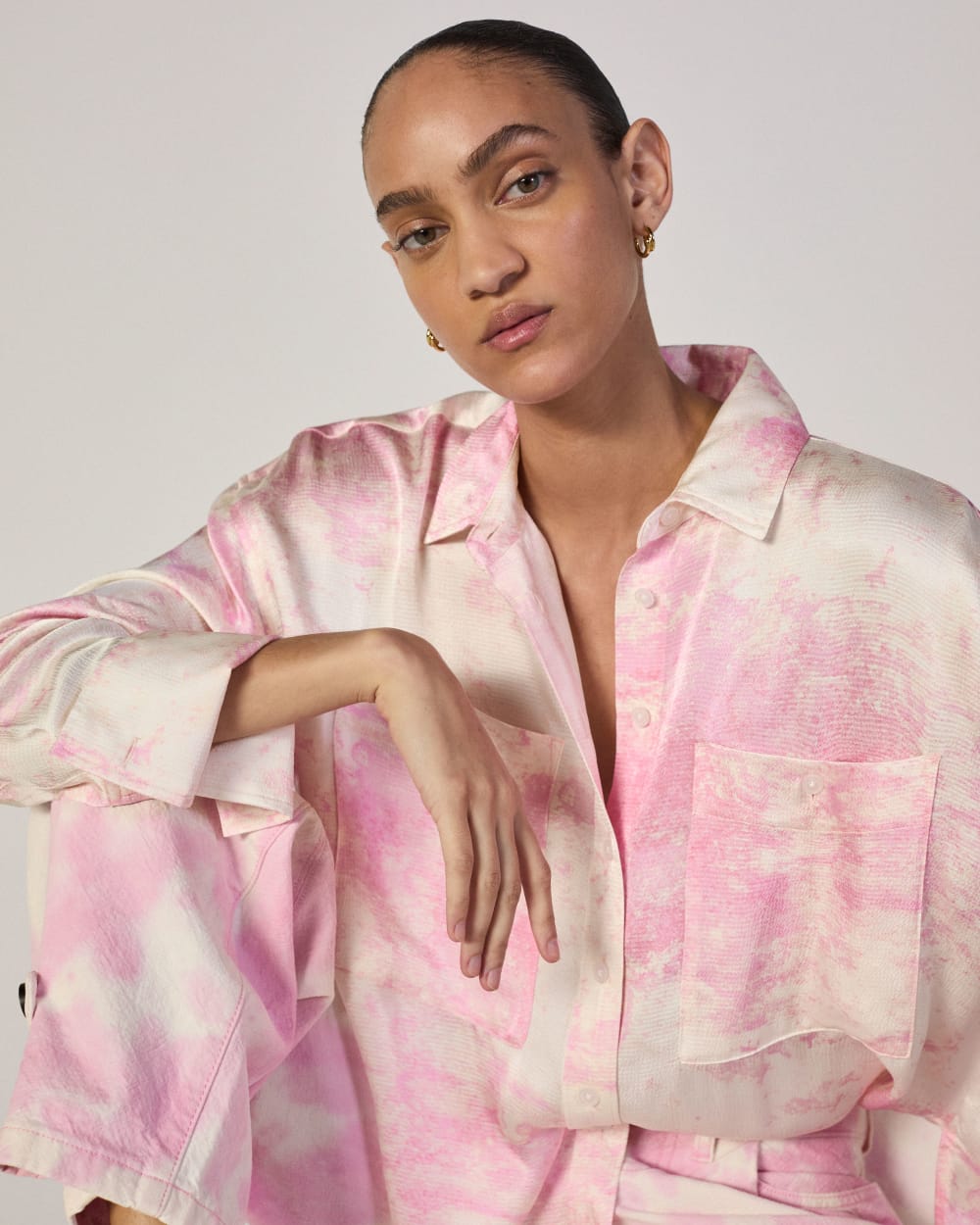 The Everlane x Marques' Almeida Satin Tie-Dye Shirt in Pink Tie-Dye — front view