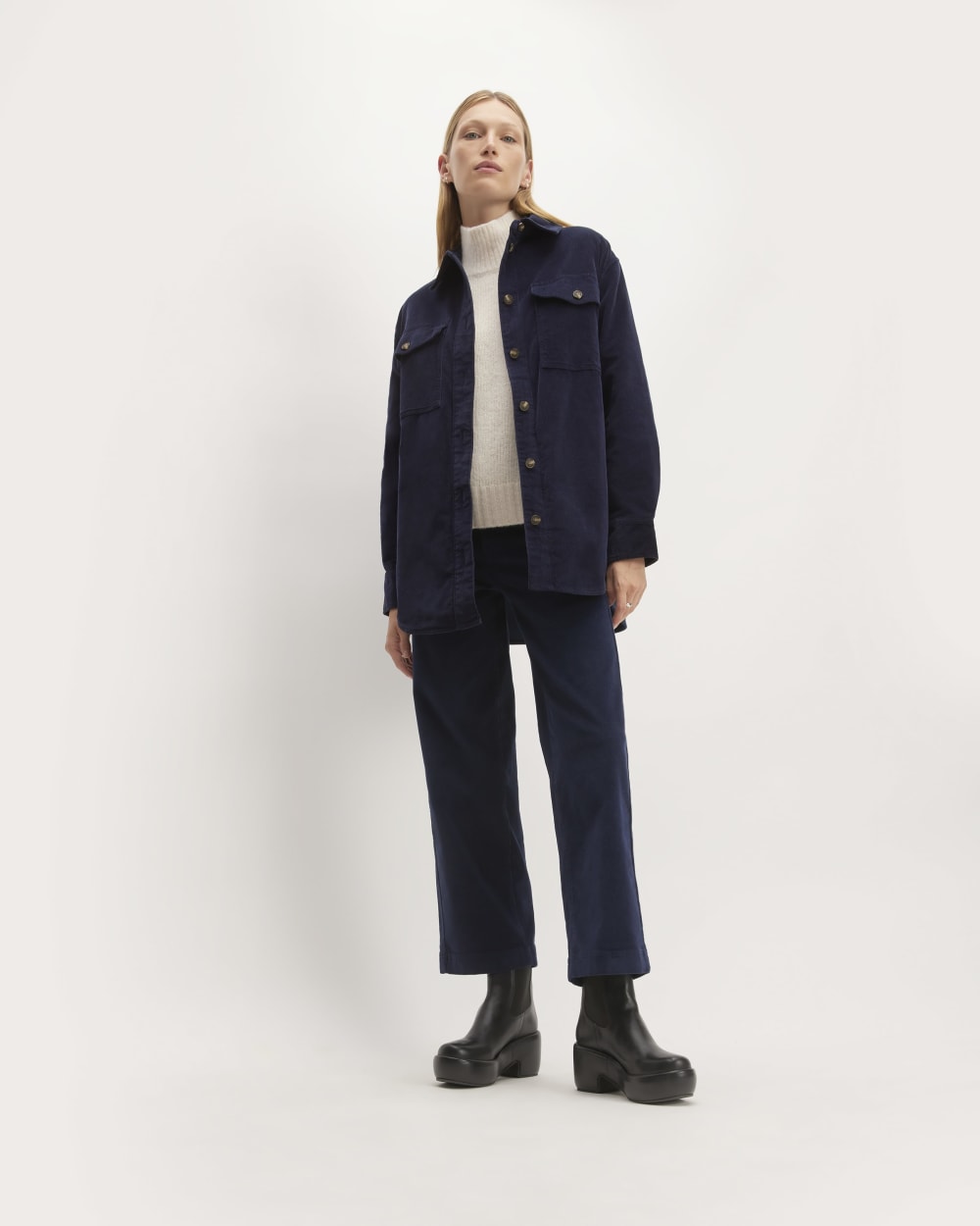 The Corduroy Oversized Shirt Jacket in Navy — detail view