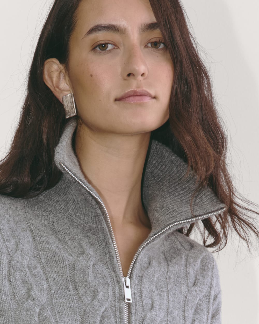 The Cable Half-Zip in Luxe Merino in Heathered Mid-Grey — detail view