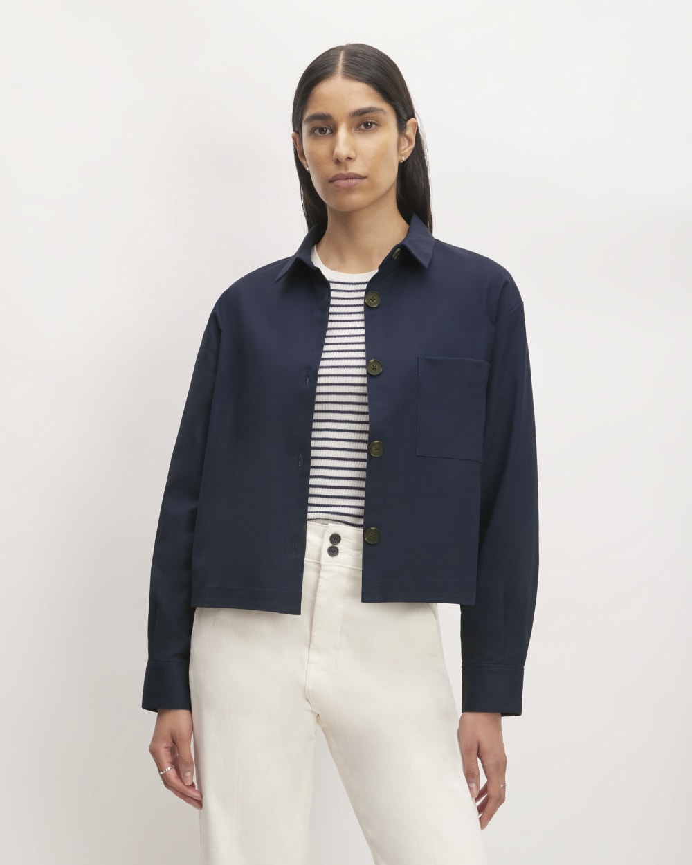The Structured Cotton Cropped Shirt in Navy — front view