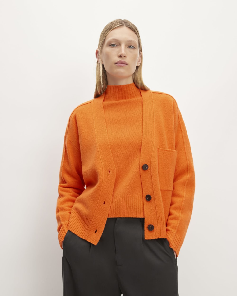 The Good Merino Wool Cardigan in Orange — front view