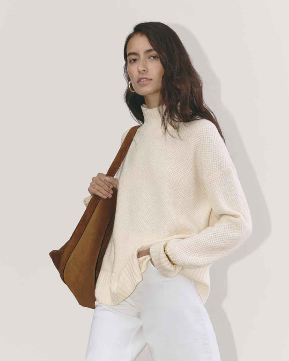 The Honeycomb Funnel Neck in Wool Cashmere in Bone — detail view