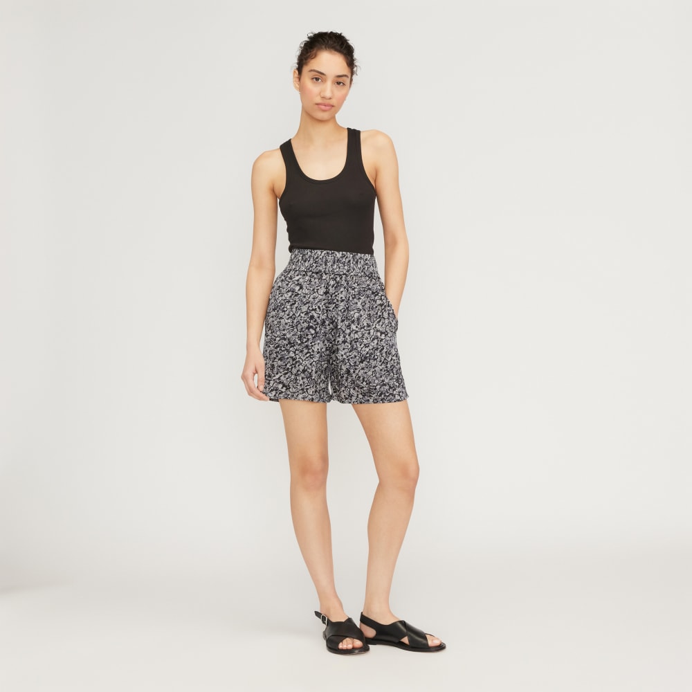 The Satin Pull-On Short in Splatter — detail view
