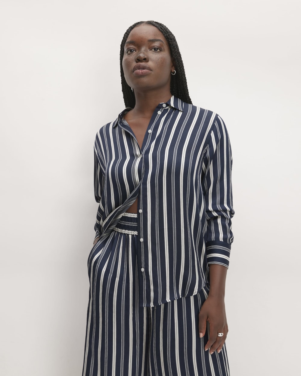 The Satin Relaxed Shirt in Navy / Bone — front view