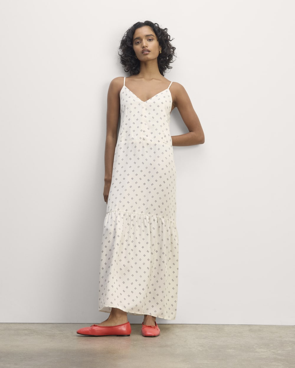 The Long Weekend Dress in Butterlite in Bone / Black Square Dot — front view
