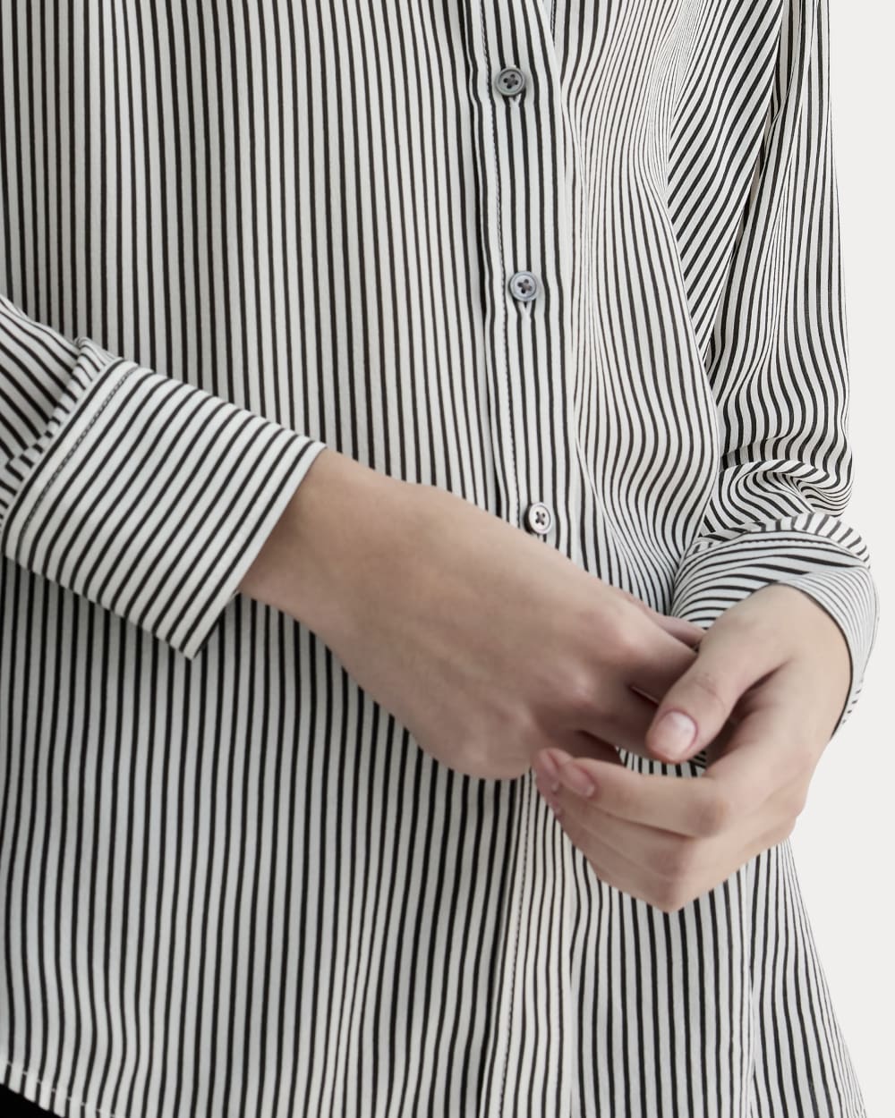 The Must-Have Shirt in Washable Silk in Black Micro Stripe — detail view