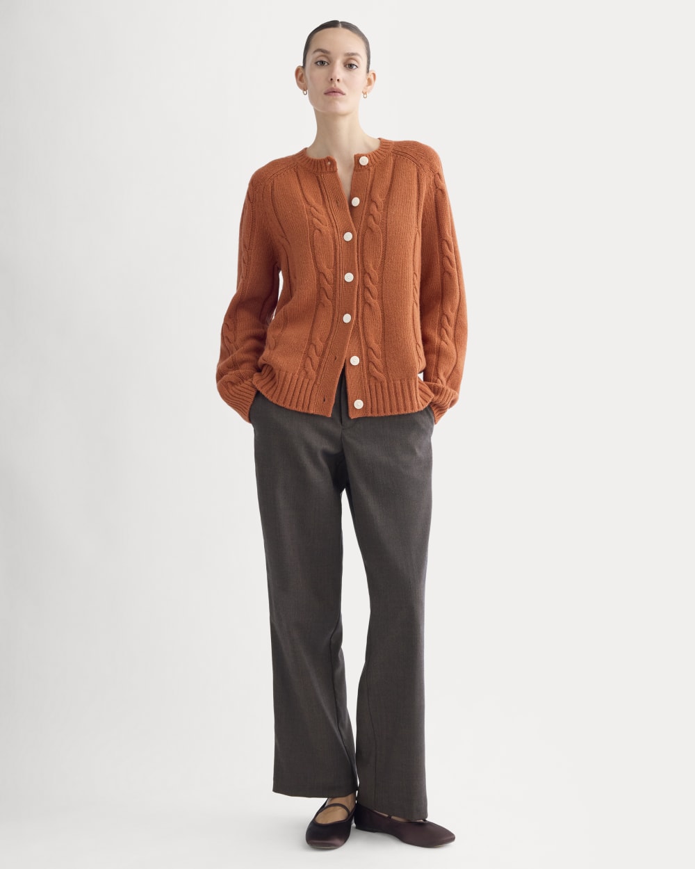 Cable Cardigan in Extrafine Luxe Merino in Rust Heather — detail view