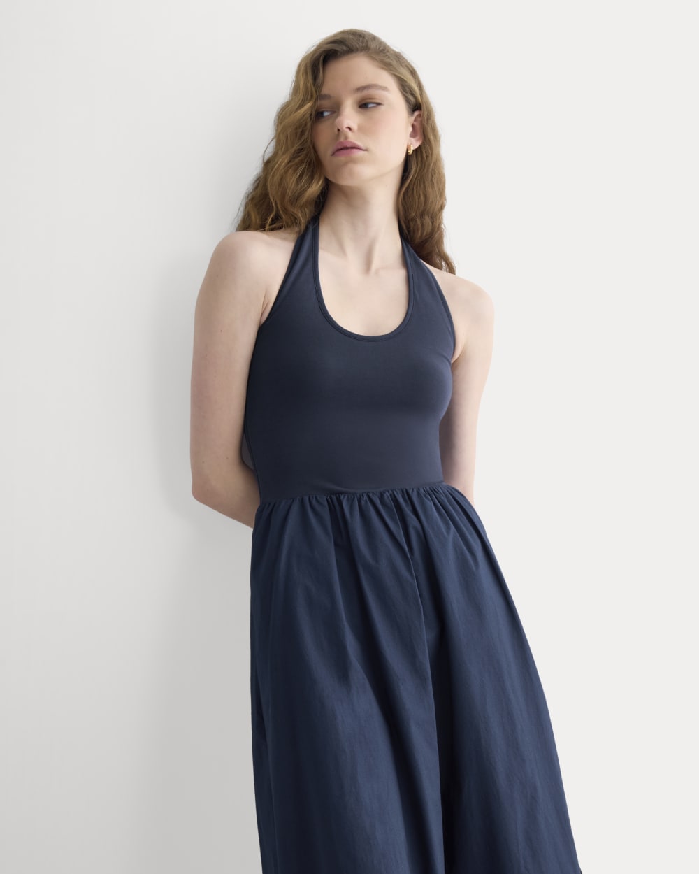 Halter Dress in Ultrasoft Cotton in Navy — detail view