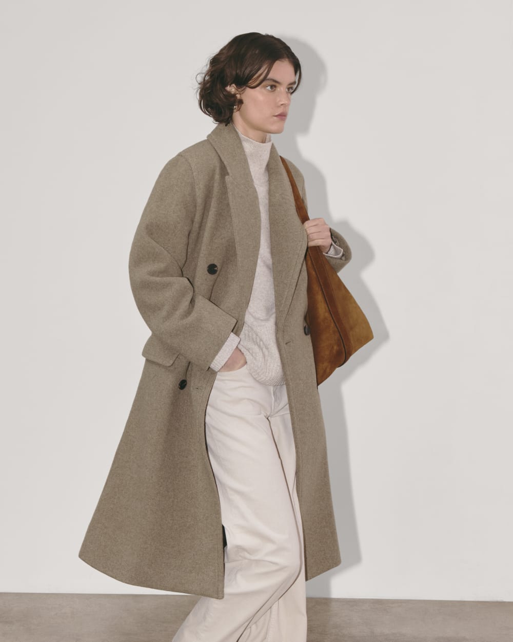 The Double-Breasted Coat in Wool in Heather Taupe — detail view
