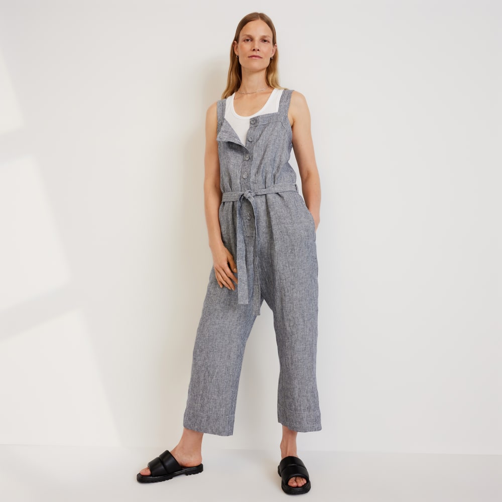 The Linen Jumpsuit in Canvas Tan / Navy — front view