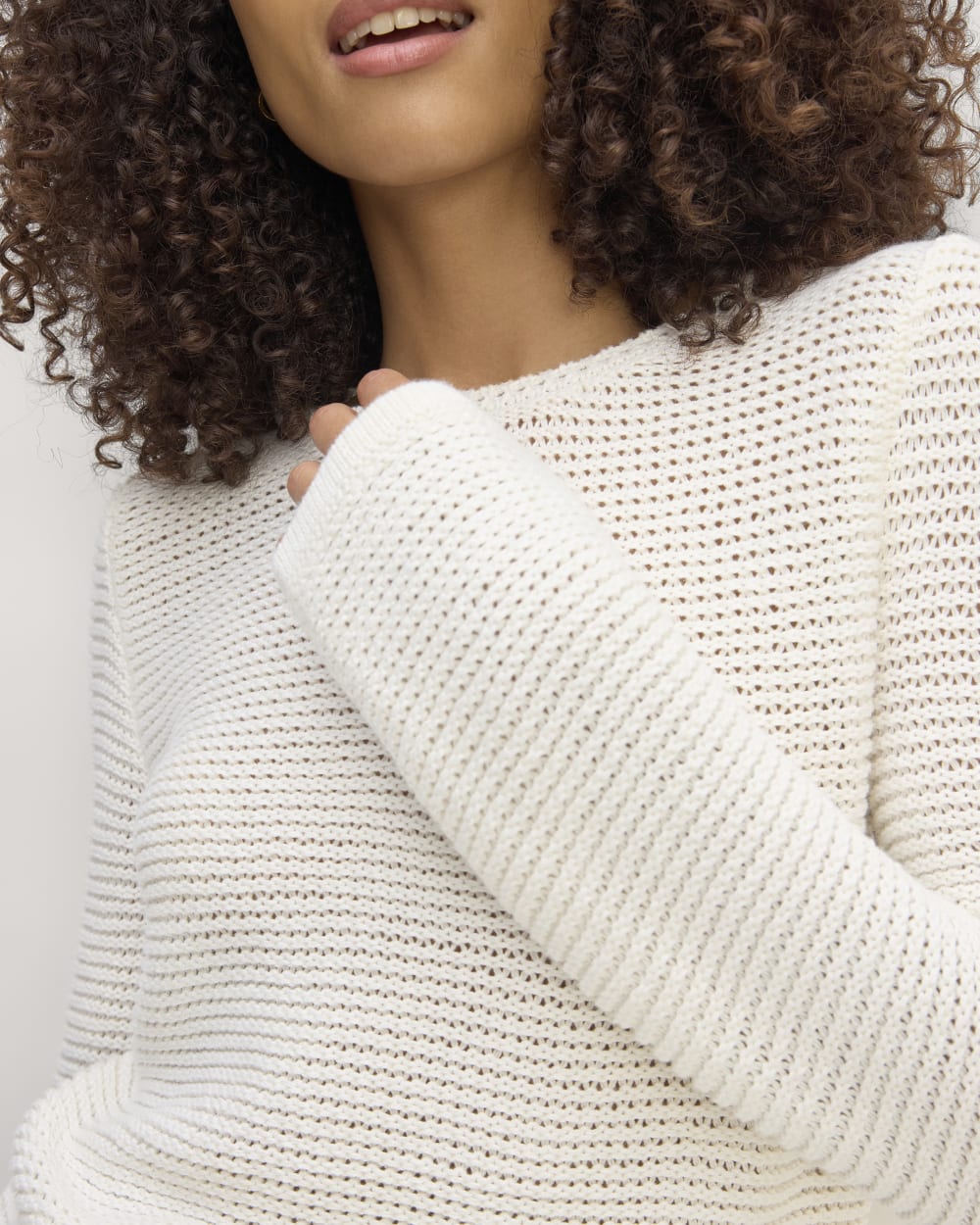 The Organic Cotton Open-Stitch Crew in Bone — detail view