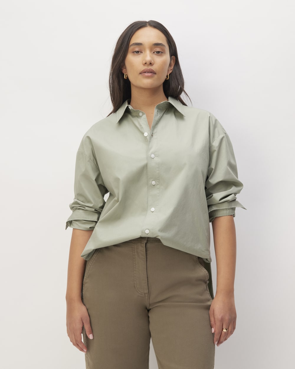 The Supima® Cotton Boyfriend Shirt in Sage Green — front view