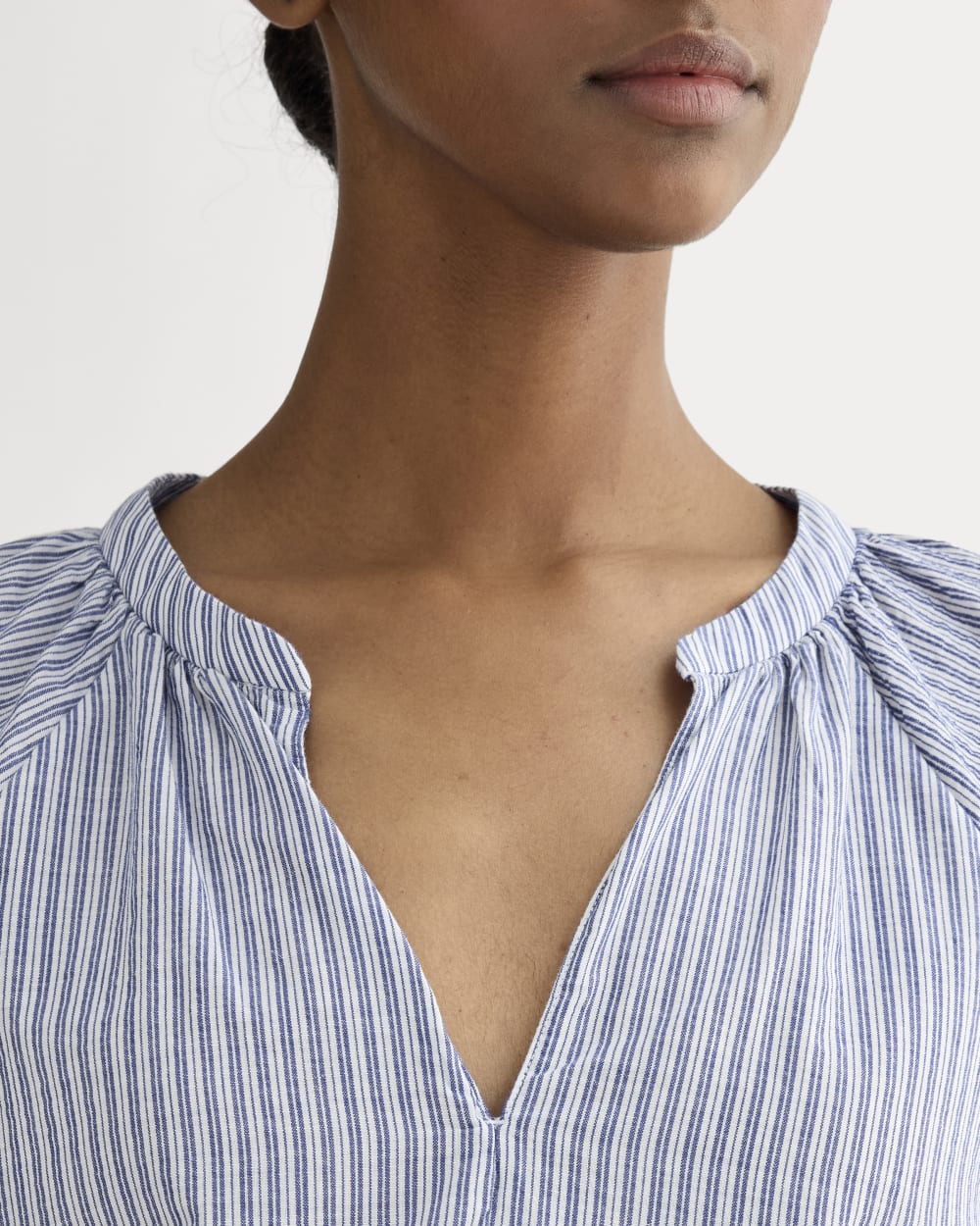 The Gauze Gathered Top in Mazarine Blue / Optic White — detail view