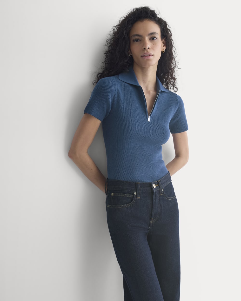 Knit Quarter-Zip Polo in Estate Blue — detail view