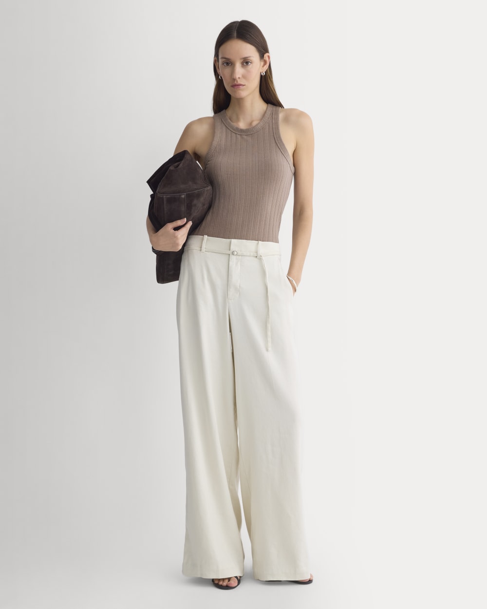 Racerback Tank in Pointelle in Heathered Chocolate Chip — detail view