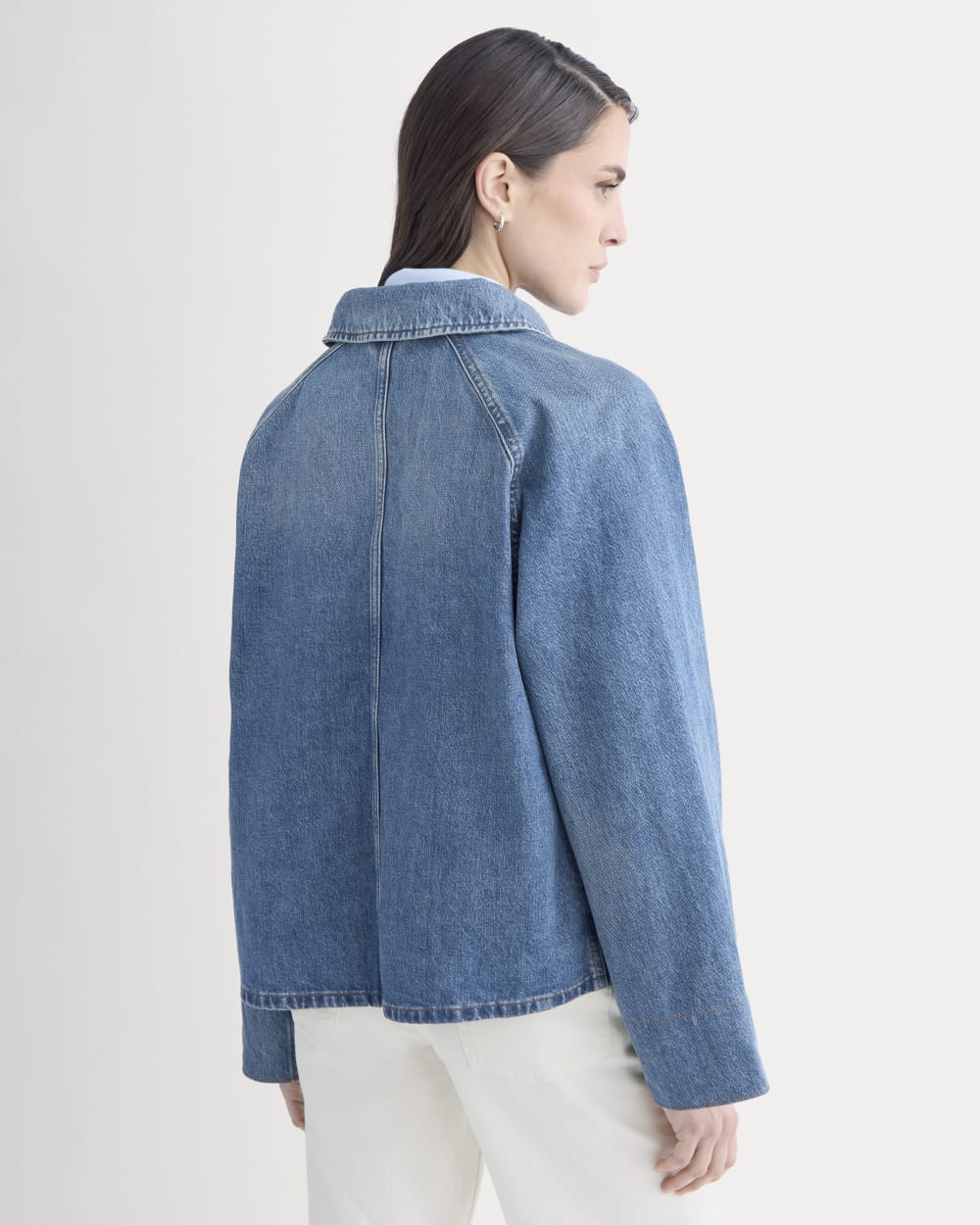 Cropped Denim Jacket in Medium Indigo — detail view