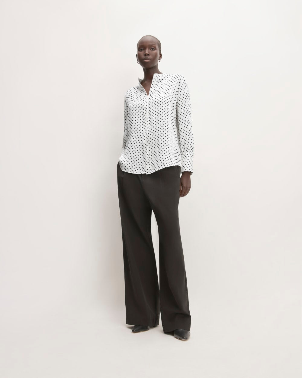 The Hammered Satin Popover Shirt in Bone / Black Polka Dot — detail view