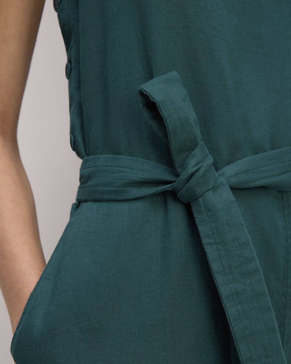 The Linen Side-Button Jumpsuit in Dark Sea — detail view