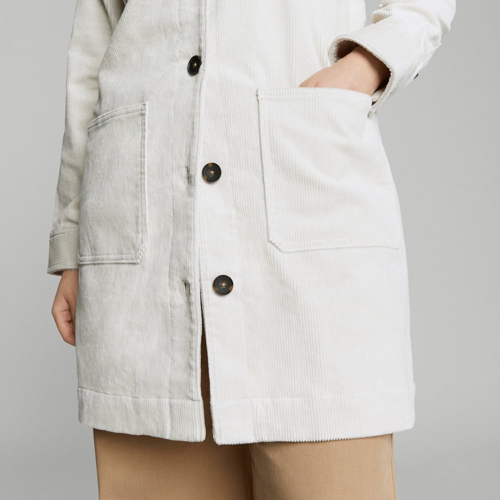 The Corduroy Long Shirt Jacket in Sandstone — detail view