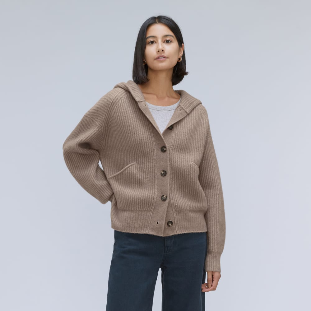 The Cozy-Stretch Hooded Cardigan in Taupe Grey — front view