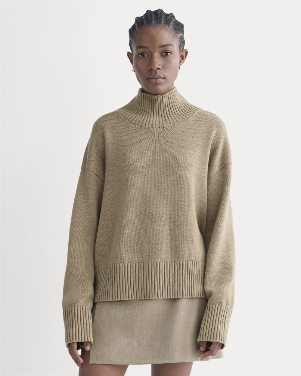 The Boxy Turtleneck in Everyday Cotton in Dark Heathered Camel — front view