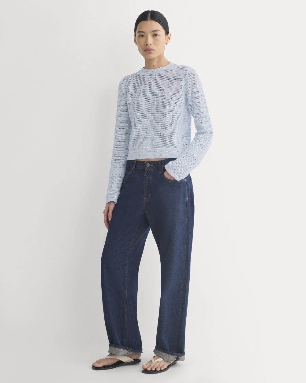Open Knit Long-Sleeve Crew in Everyday Cotton in Skywriting — detail view