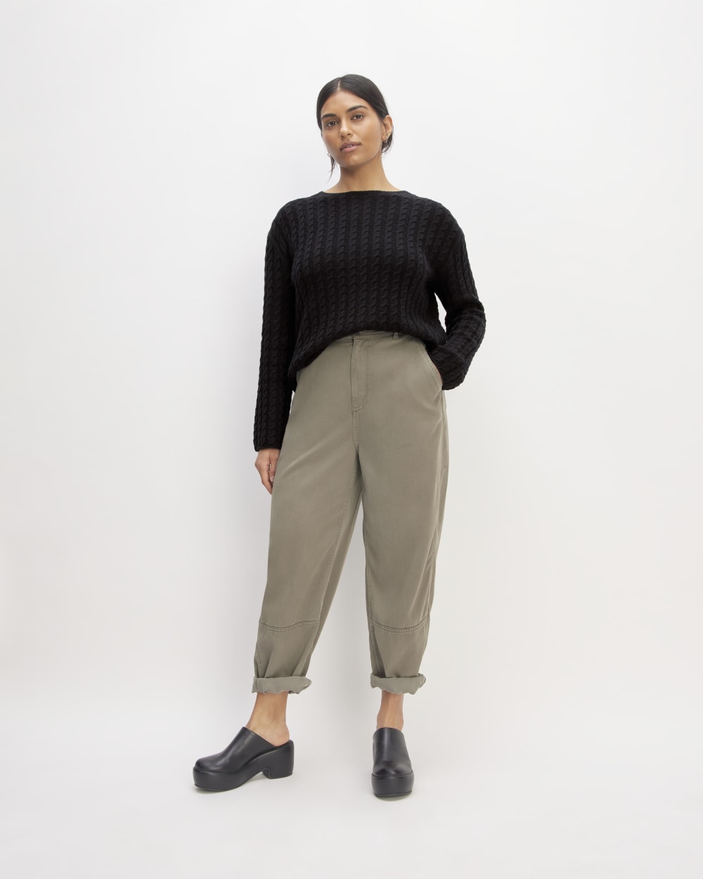 The Cotton Merino Cable Crew in Black — detail view
