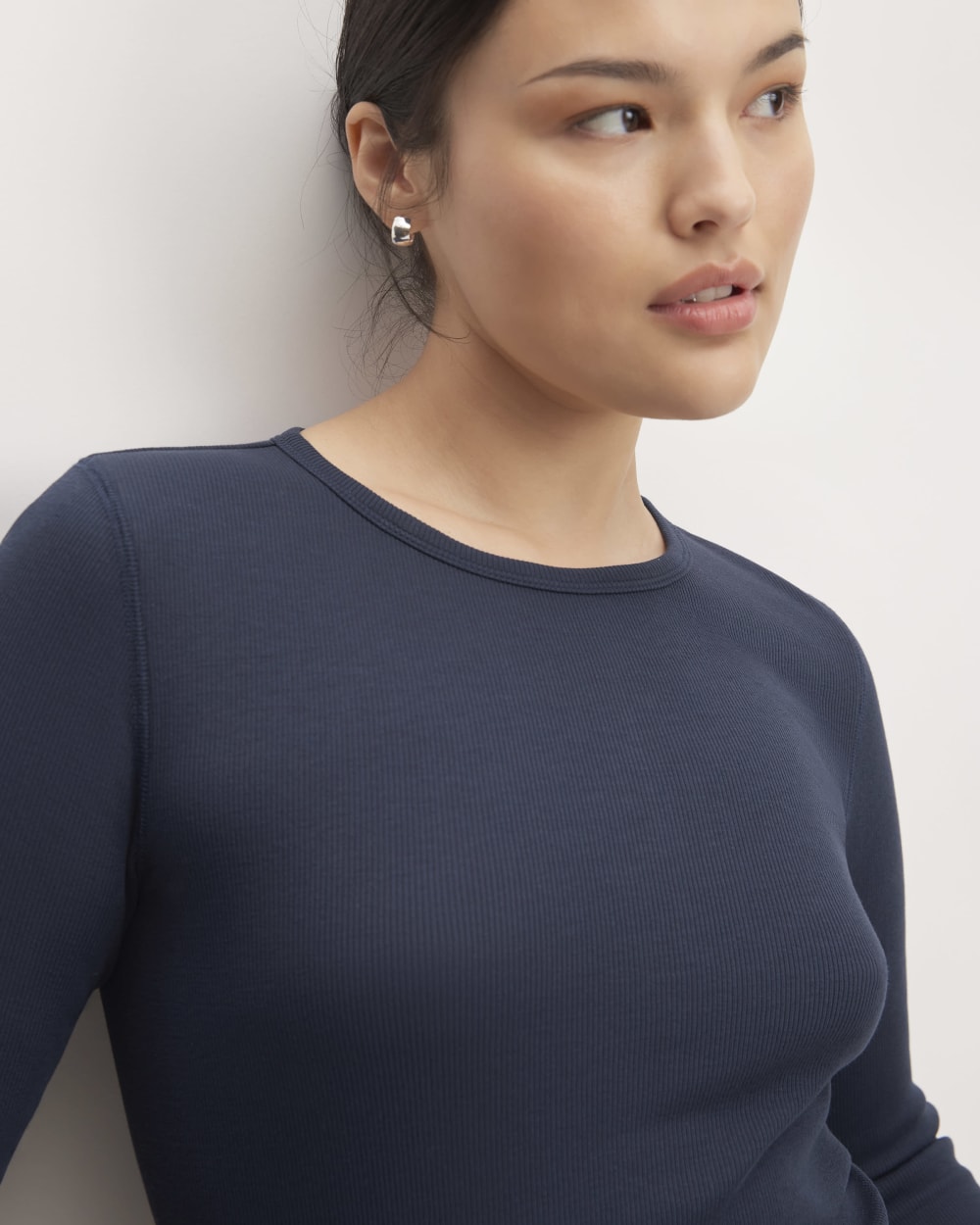 The Luxe Rib Long-Sleeve Crew in Navy — detail view