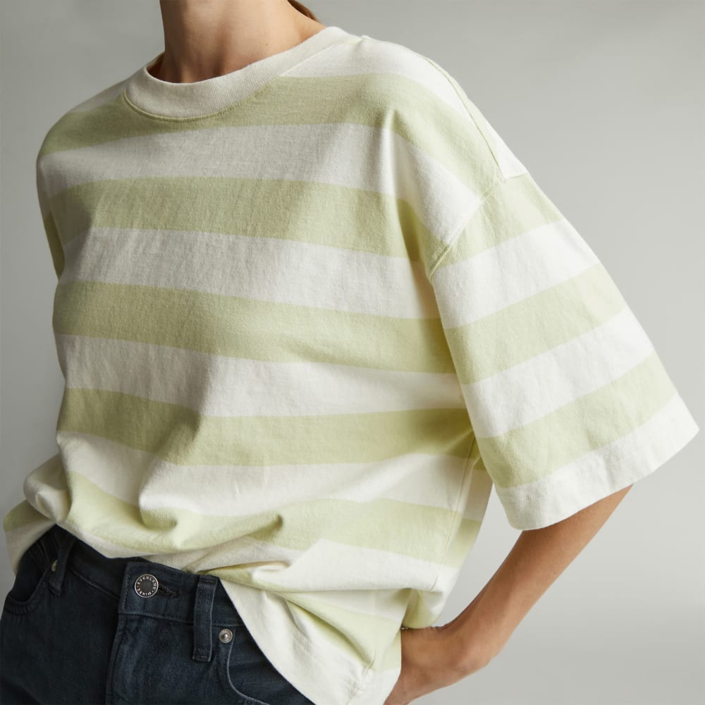 The Premium Weight Relaxed Tee in Seafoam Green / Canvas Tan — detail view