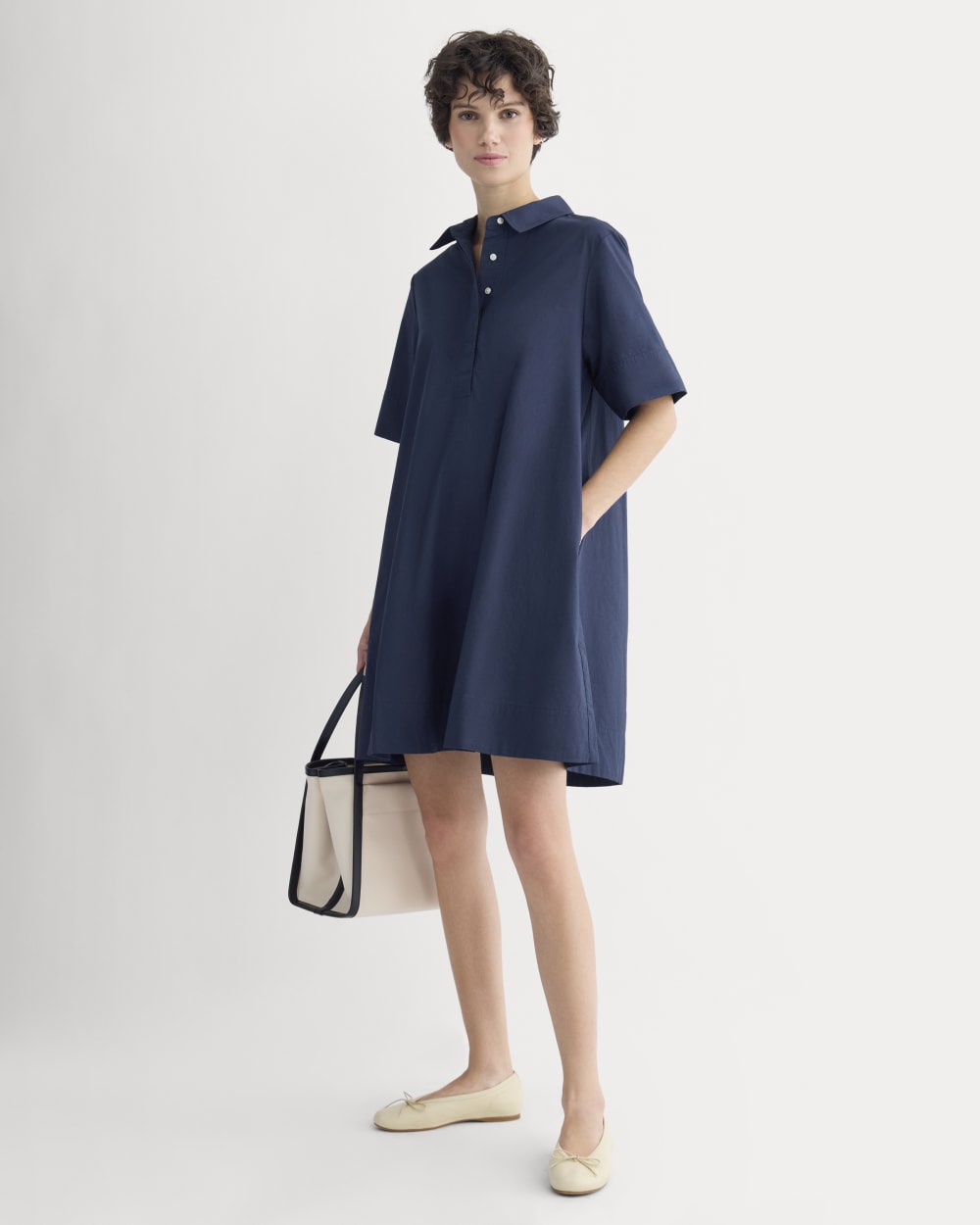 Popover Mini Shirtrdress in Ultrasoft Cotton in Navy — front view