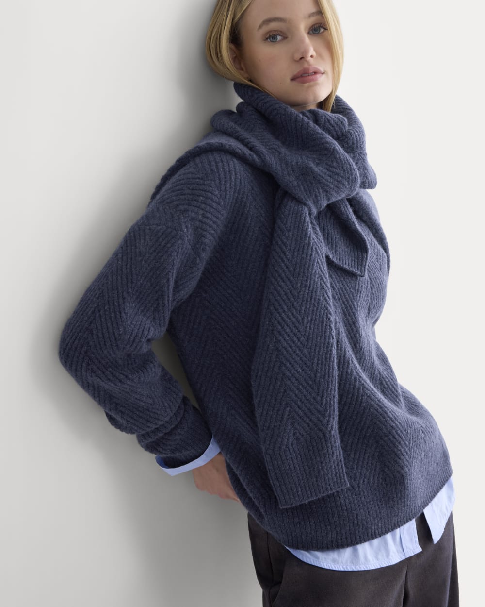 Cashmere Herringbone Sweater in Indigo — front view