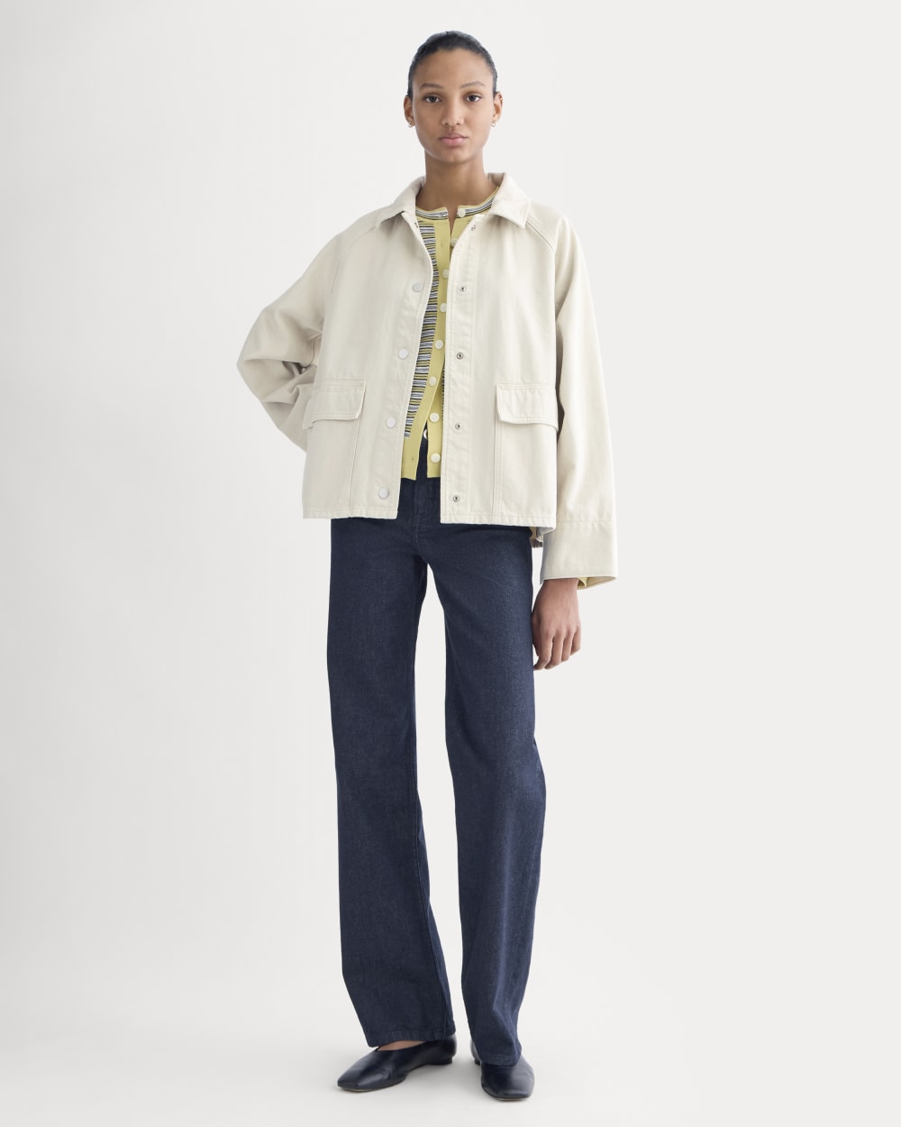 Cropped Denim Jacket in Garment-Dyed Sand — detail view