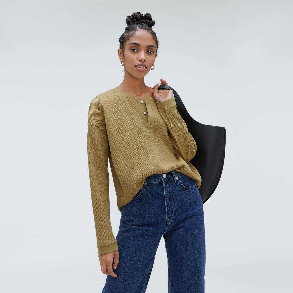 The Organic Cotton Waffle Henley in Fennel Seed — detail view