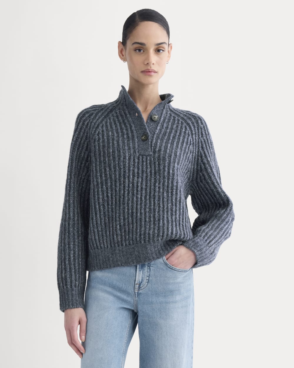 Funnel-Neck Ribbed Henley Sweater in Indigo — front view