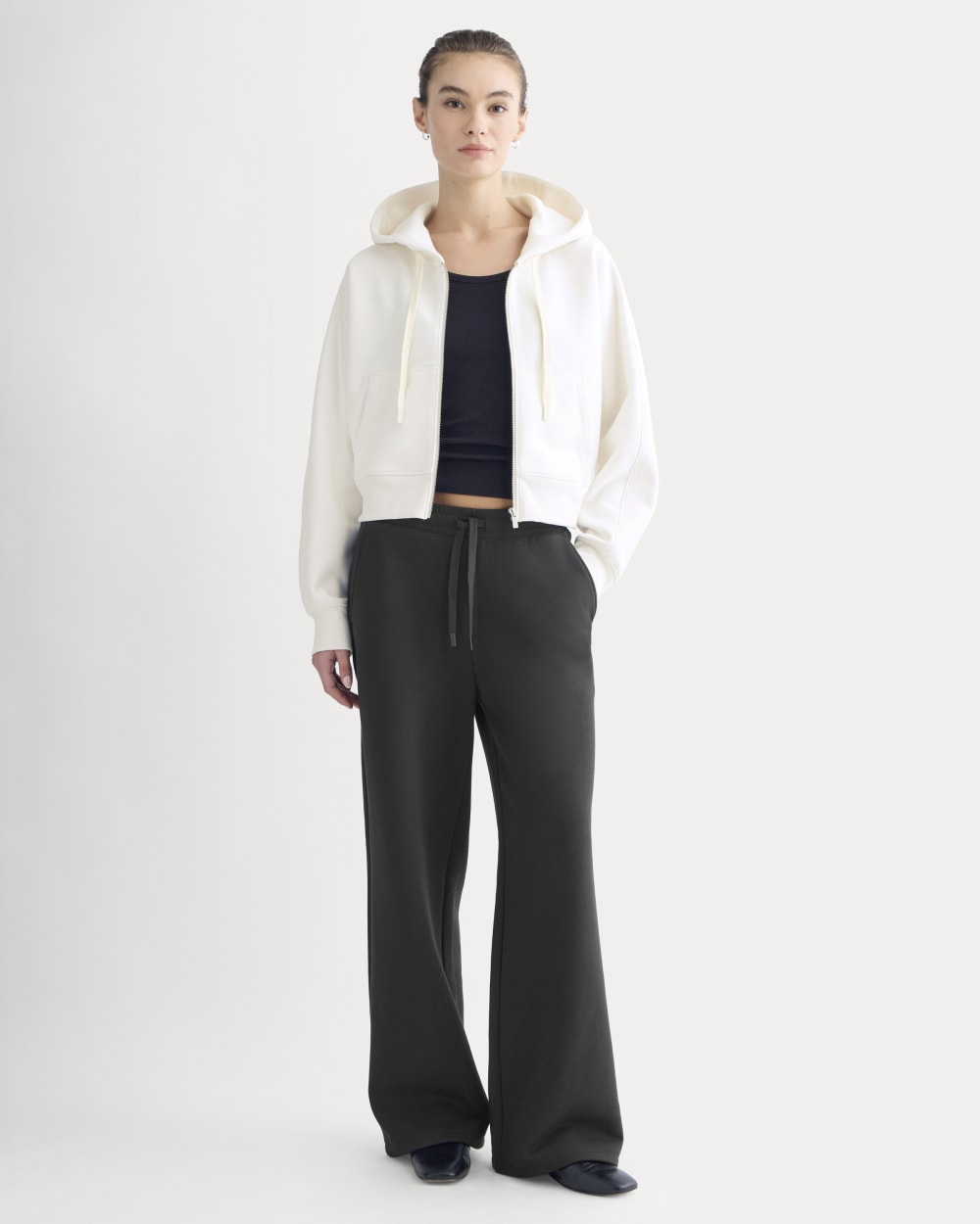 Luxe Fleece Full-Zip Cropped Hoodie in Bone — detail view