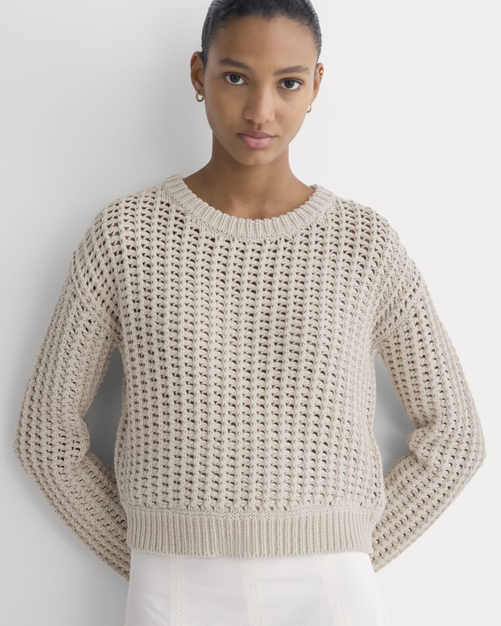 Open-Knit Crew in Elevated Cotton in Peyote — detail view