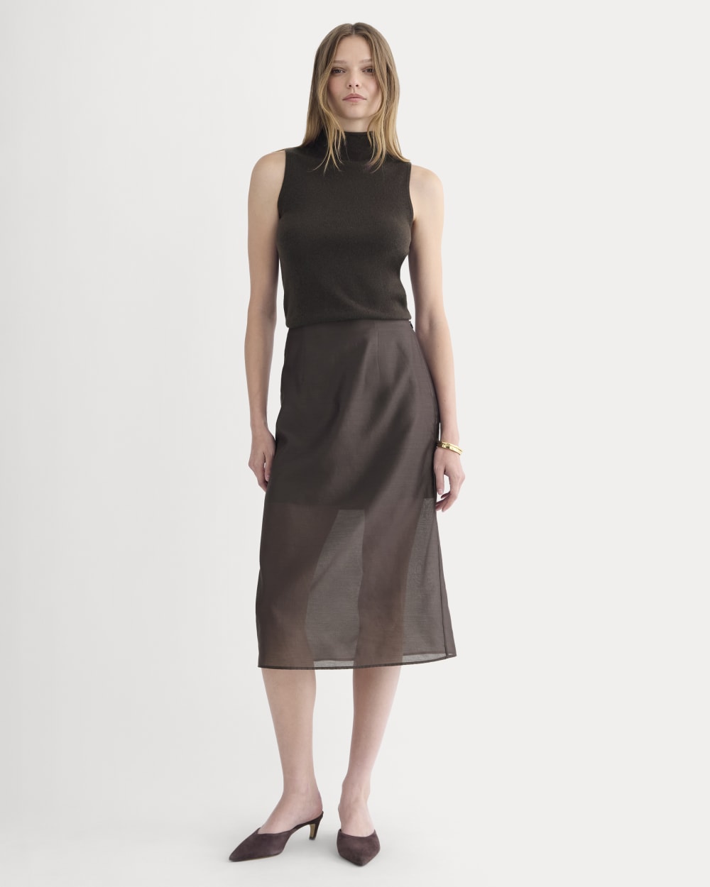 Midi Skirt in Cotton-Silk Organza in Dark Chocolate — front view