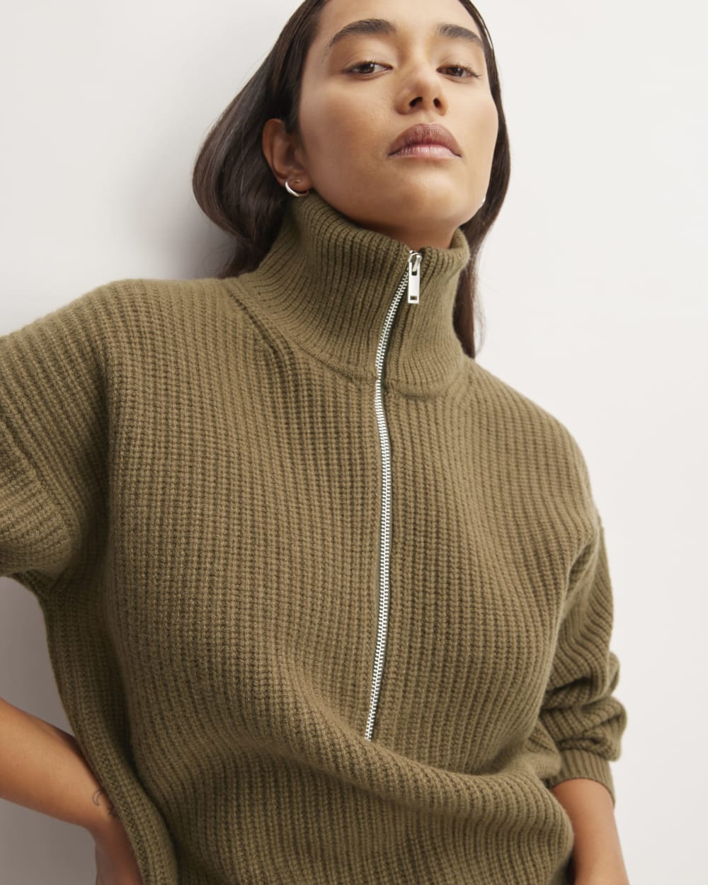 The Half-Zip Sweater in Luxe Merino in Beech — detail view