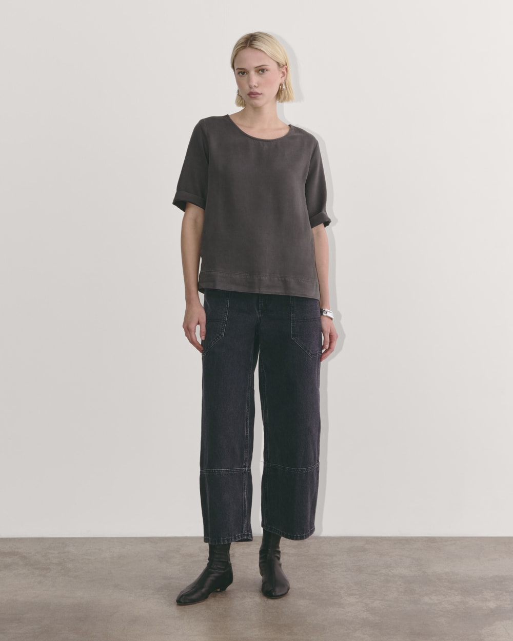 The Relaxed Tee in Buttersoft in Graphite — detail view