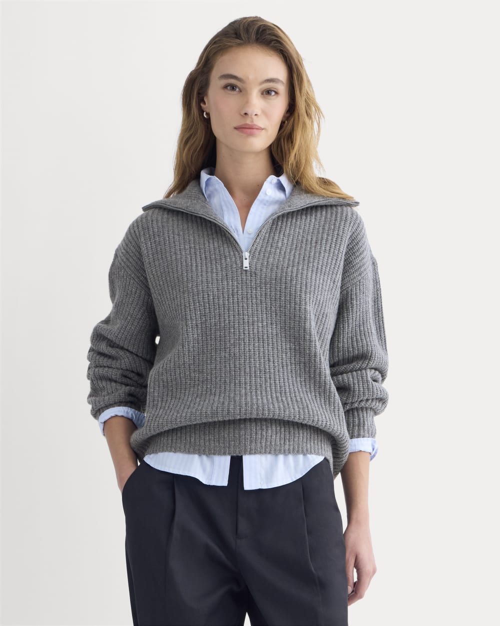 The Half-Zip Sweater in Luxe Merino in Heathered Mid-Grey — front view