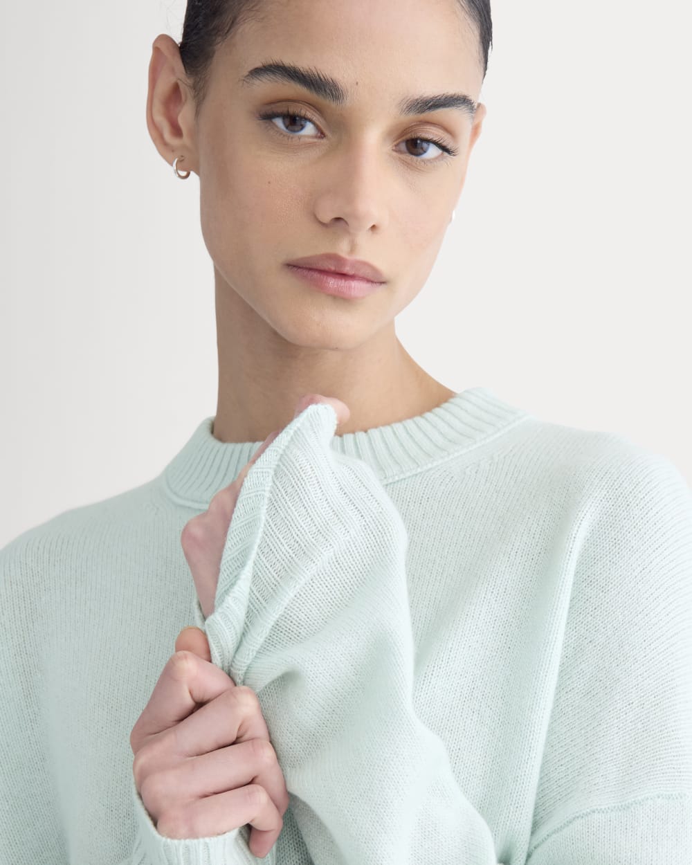 Cashmere Boyfriend Sweater in Chalk Blue — detail view