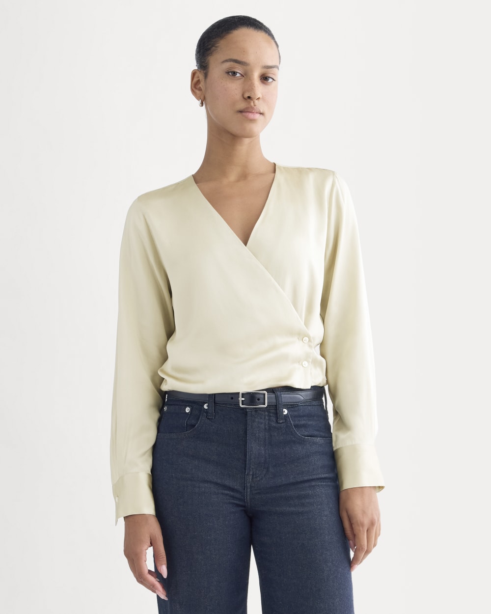 Wrap Top in Silk Charmeuse in Peyote — front view