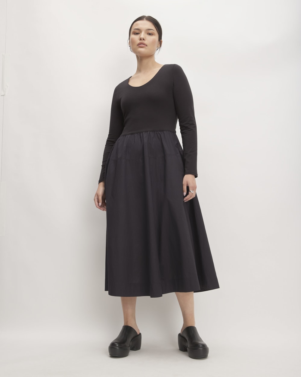 The Long-Sleeve Riviera Dress in Black — front view