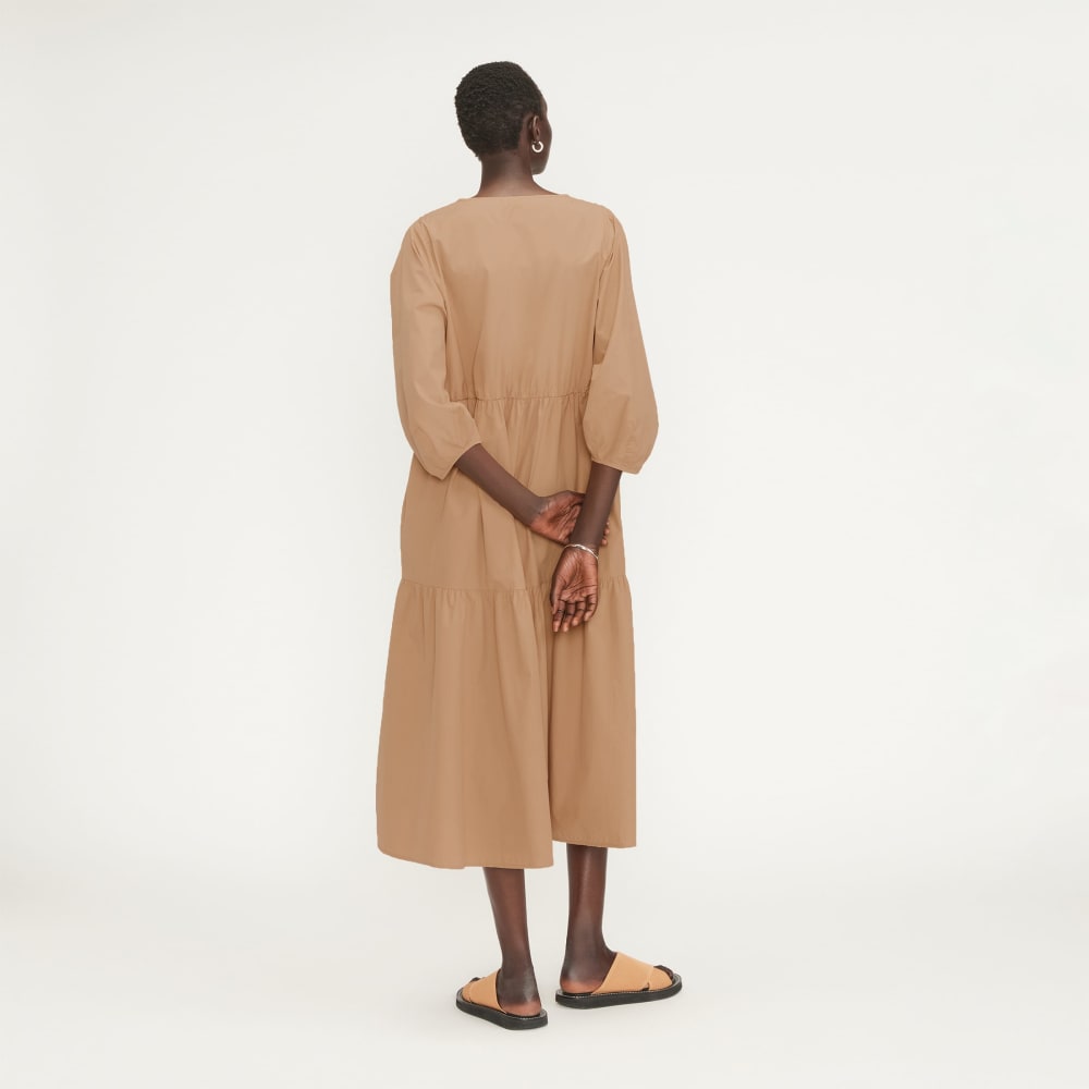 The Poplin Tiered Dress in Caramel — detail view