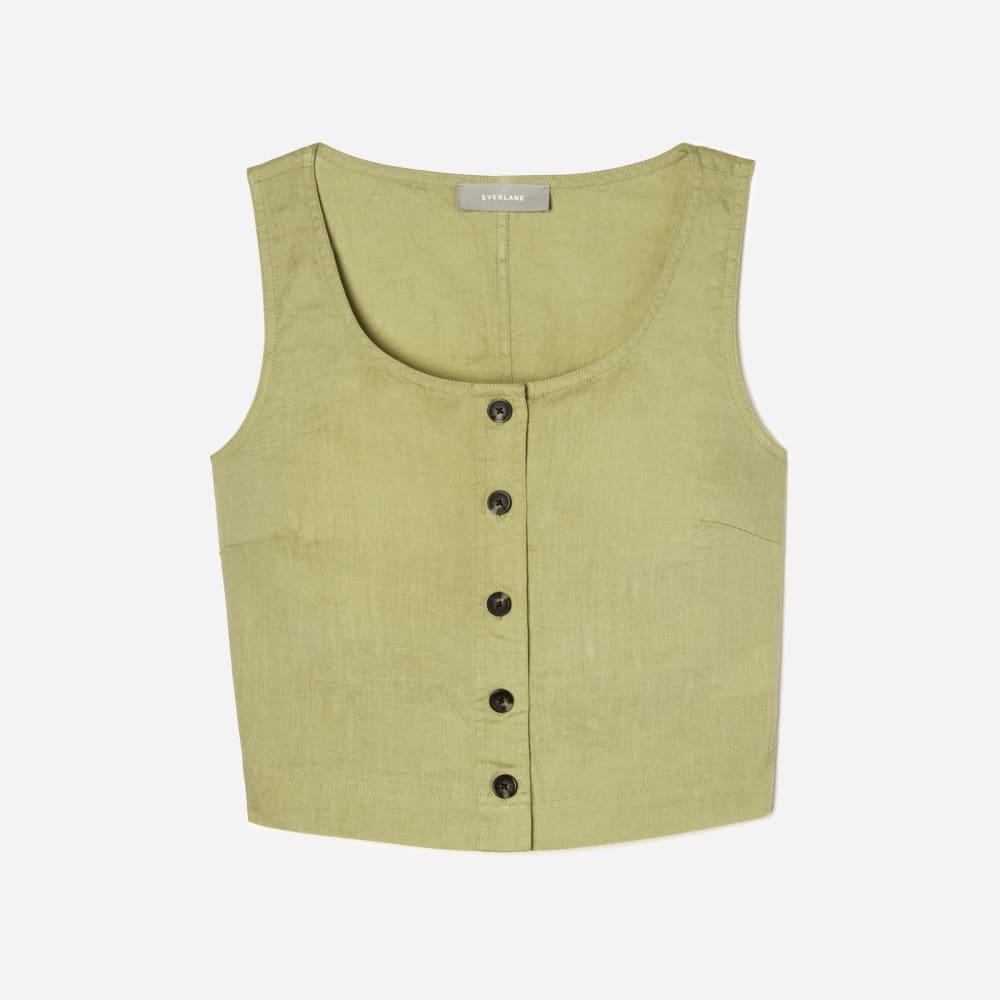 The Linen Button-Front Crop Tank in Leek — front view