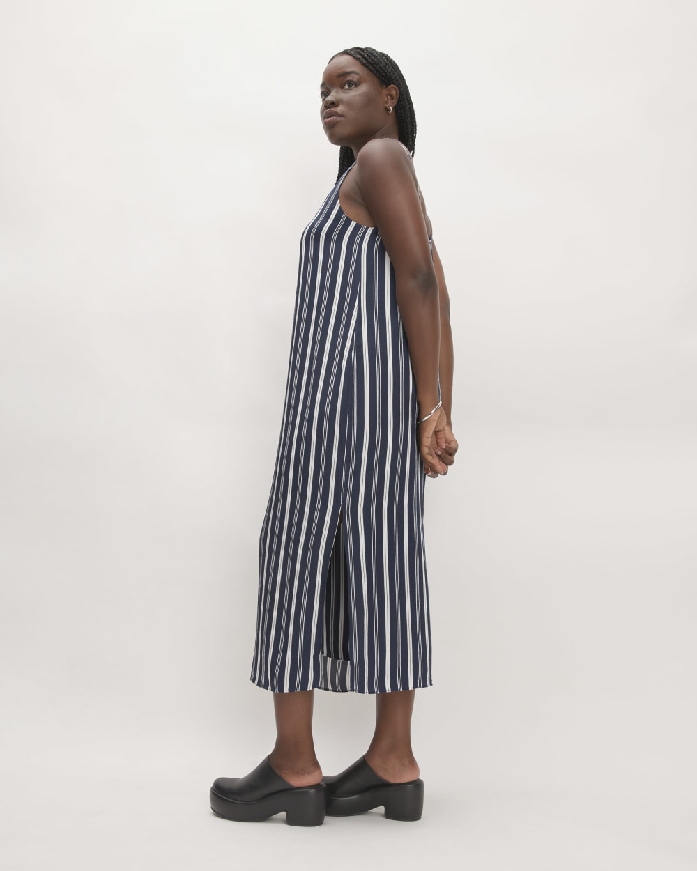 The Hammered Satin Slip Dress in Navy / Bone — front view